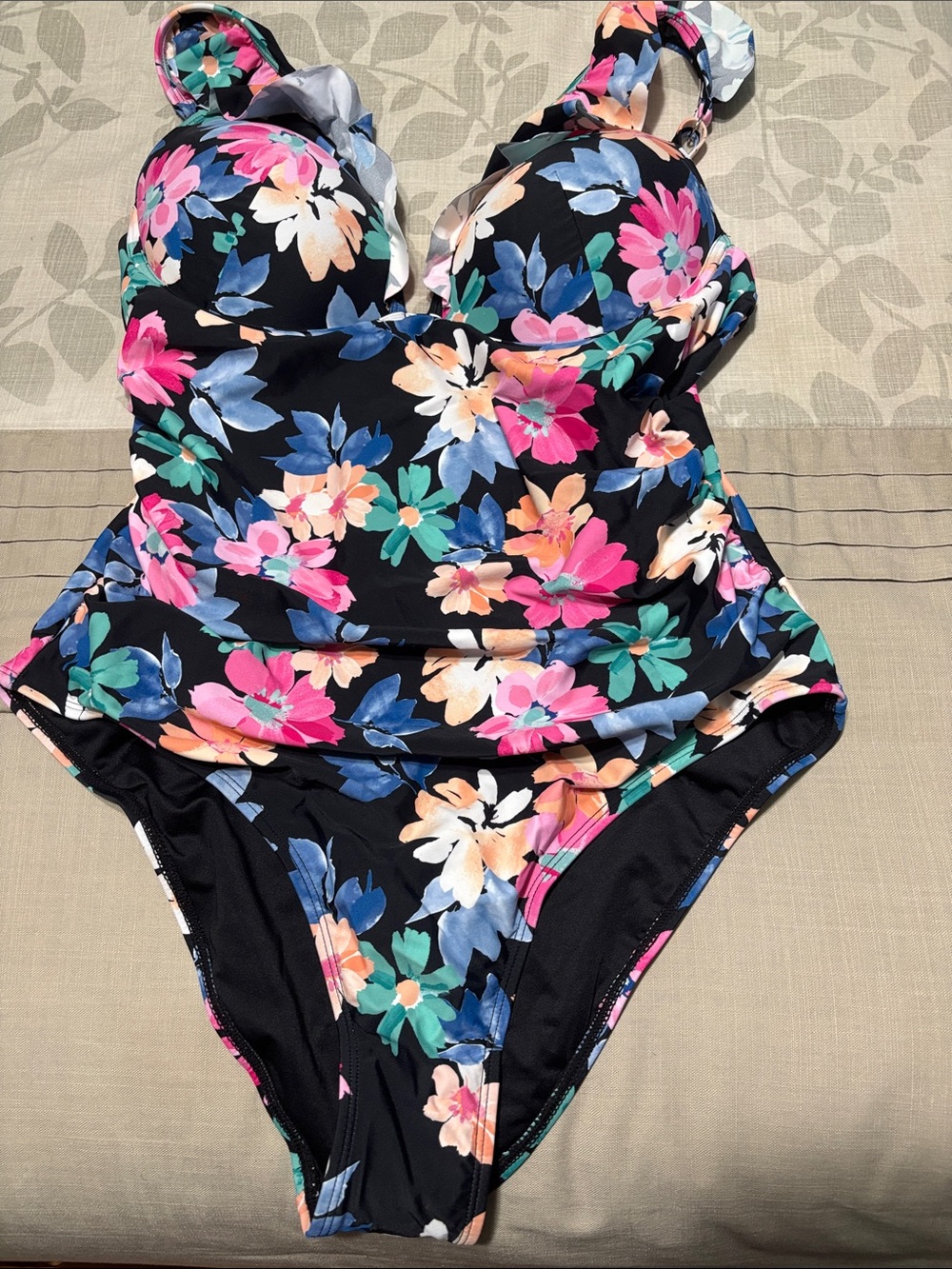 Cupshe Black Floral One-Piece Swimsuit with Pink, Blue & Green Flowers